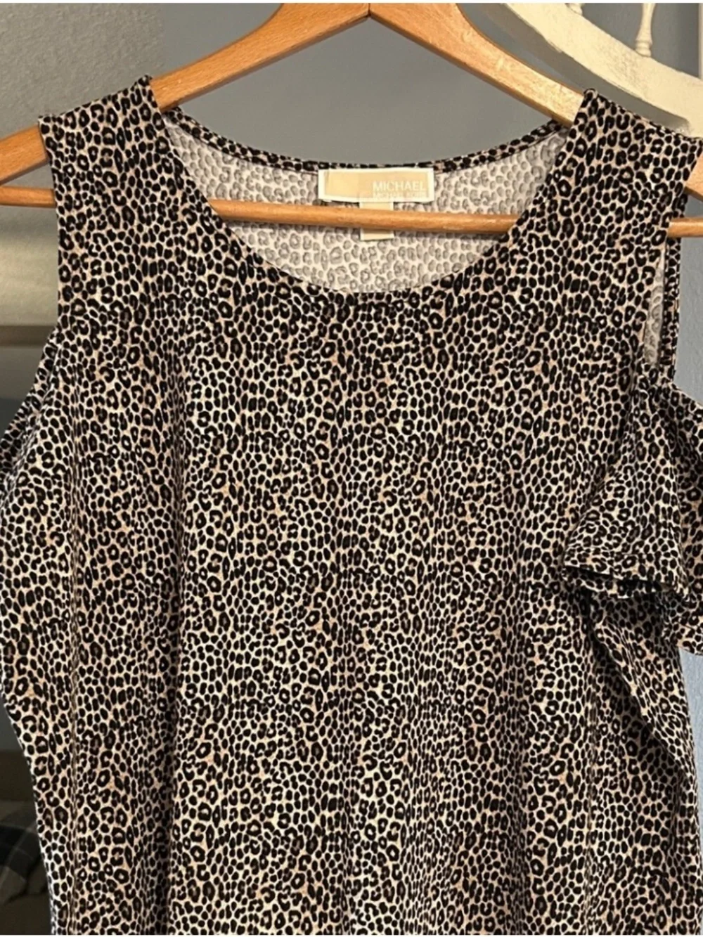 Michael Kors Cold Shoulder Animal Print Shift Dress Black & Taupe Size L